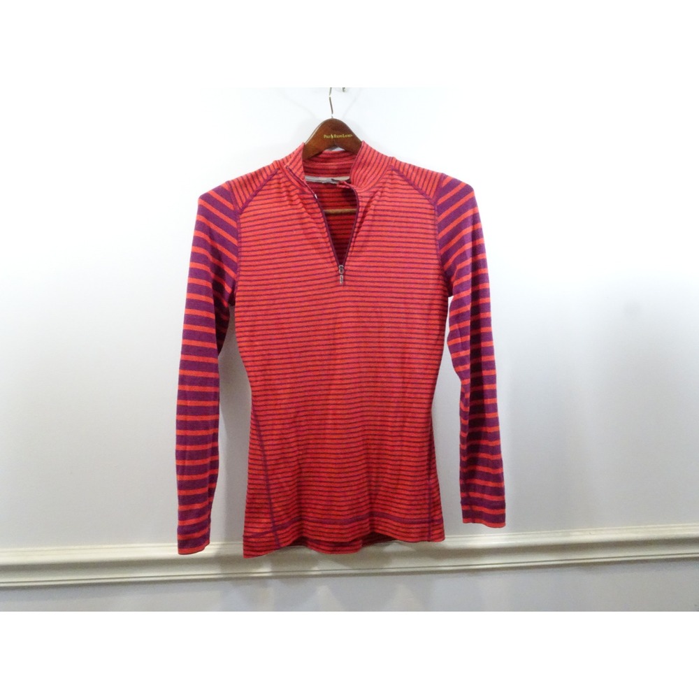 Smartwool Womens Merino Wool Quarter Zip Base Layer Striped Orange Purple Top
